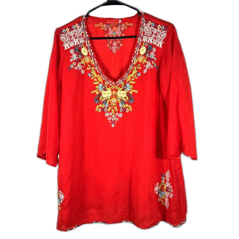 Johnny Was Embroidered Top Red M Floral BohoBlouse Cupra Rayon Boho